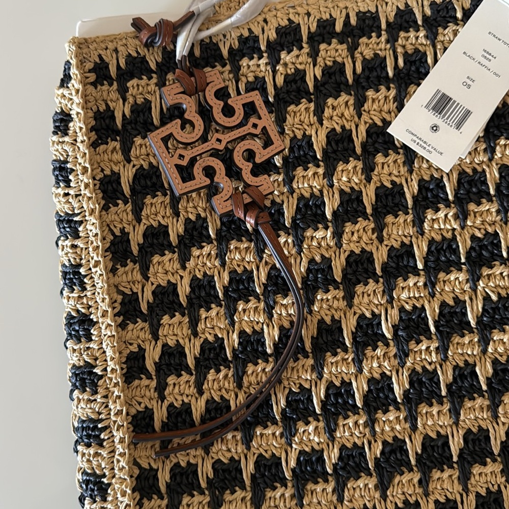 NWT , Tory Burch  straw Black and  tan Tote bag / black raffia - Picture 7 of 12